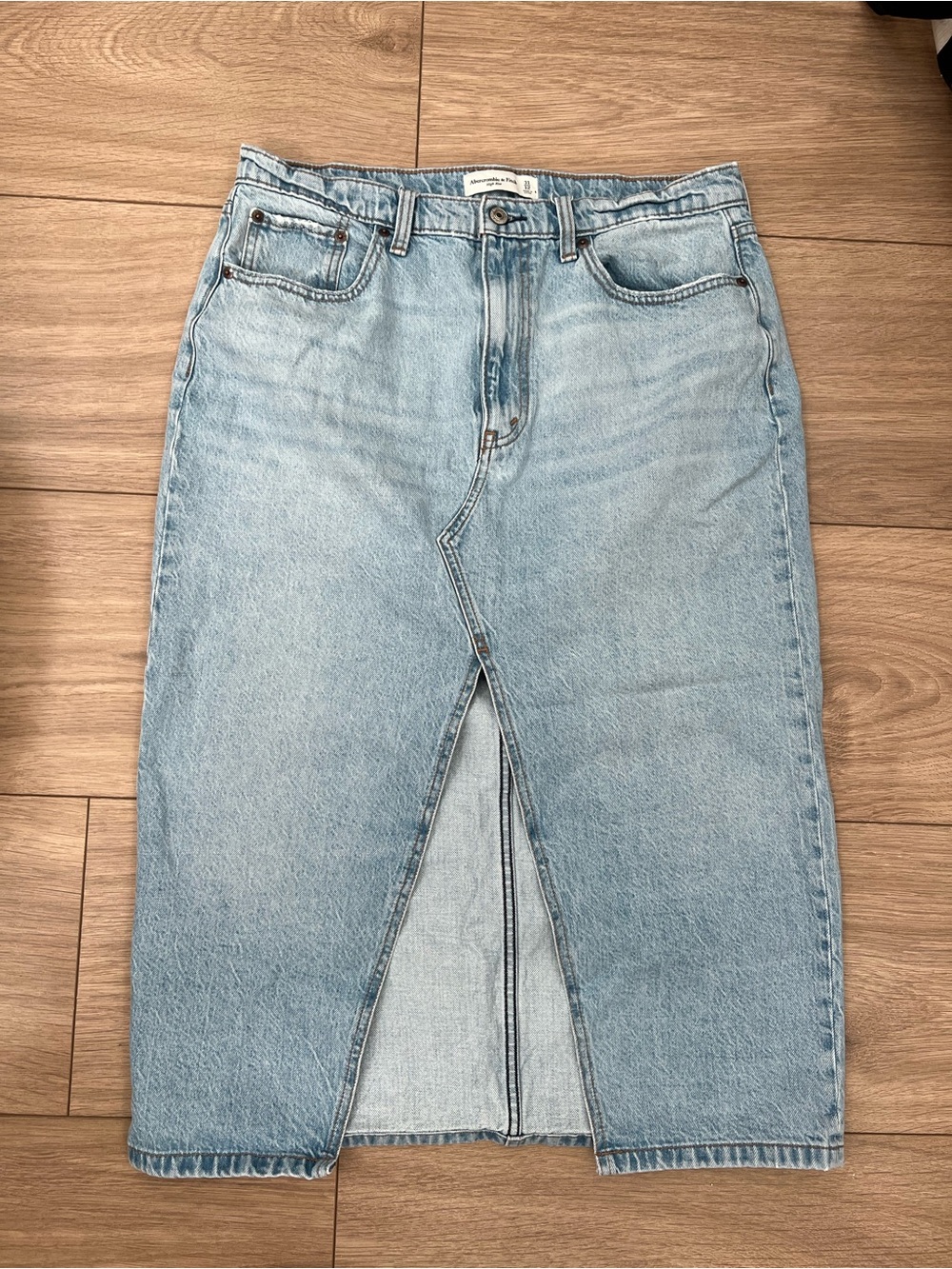 Abercrombie & Fitch High Rise Light Blue Denim Midi Skirt with Front Slit